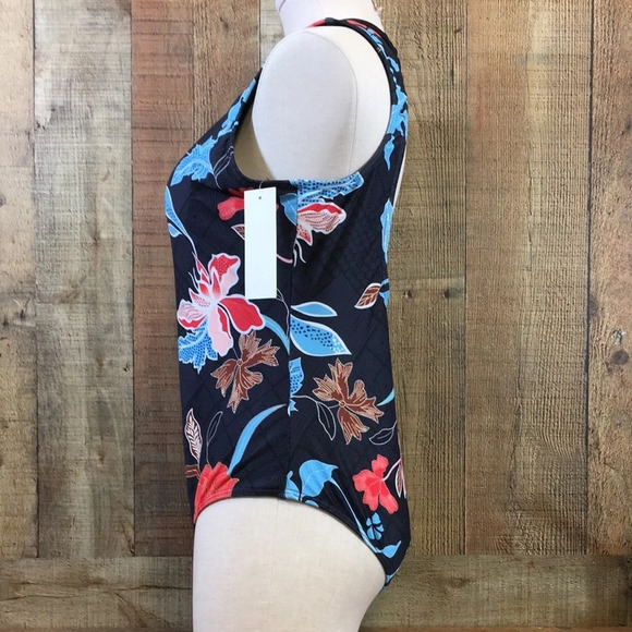 Walk On Beach Swimwear Womens Large Black Blue Floral Keyhole Back One Piece - Picture 5 of 13